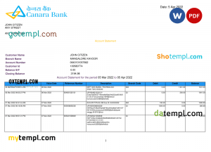 India Canara bank statement, Word and PDF template, 5 pages