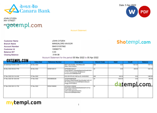 India Canara bank statement, Word and PDF template, 5 pages