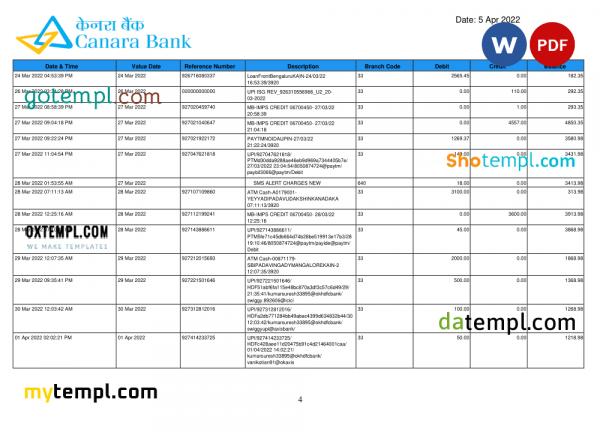 India Canara bank statement, Word and PDF template, 5 pages