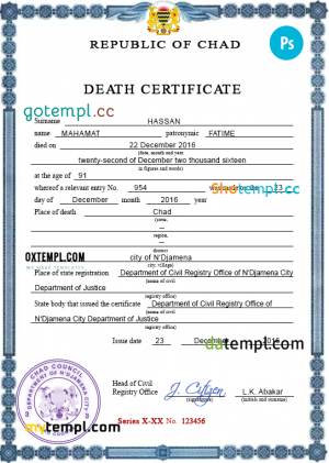 Chad vital record death certificate PSD template, completely editable