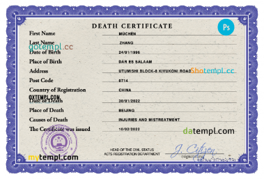 China death certificate PSD template, completely editable