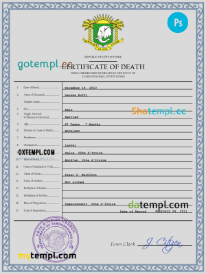 Côte d’Ivoire vital record death certificate PSD template, fully editable
