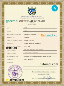 Cuba vital record death certificate PSD template, completely editable