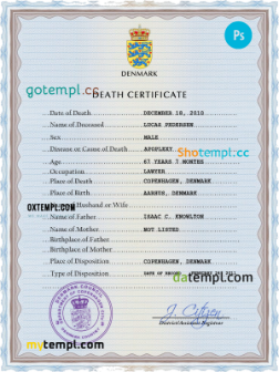 Denmark vital record death certificate PSD template, fully editable