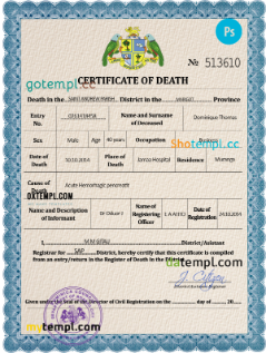 Dominica vital record death certificate PSD template, completely editable