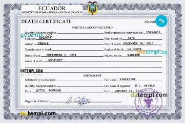 Ecuador vital record death certificate PSD template, completely editable