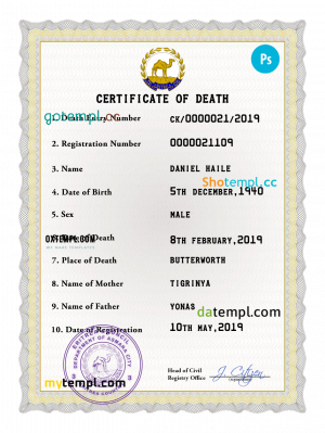Eritrea vital record death certificate PSD template, fully editable