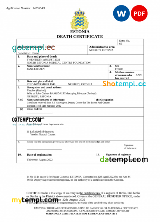 Estonia death certificate Word and PDF template, completely editable