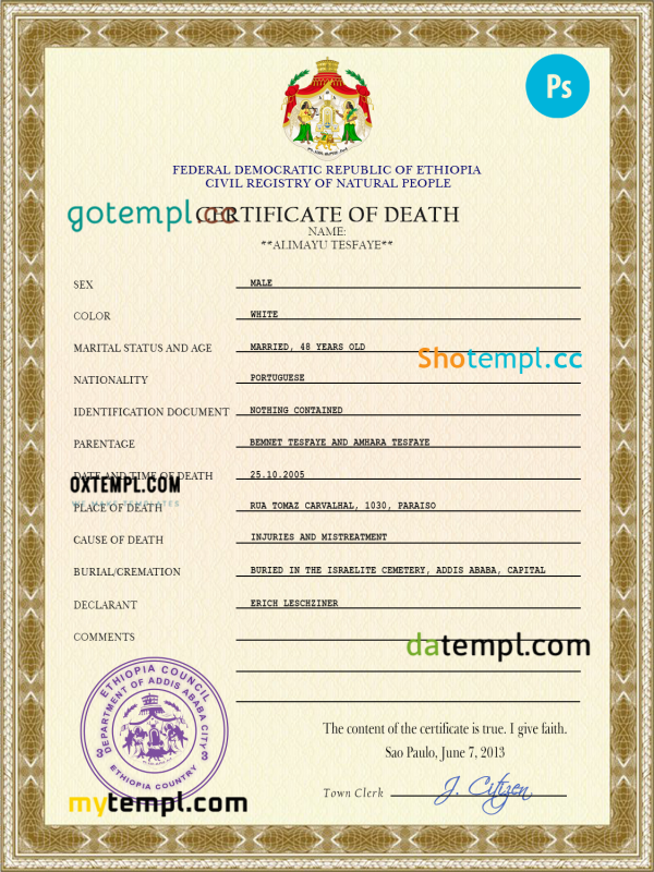Ethiopia vital record death certificate PSD template