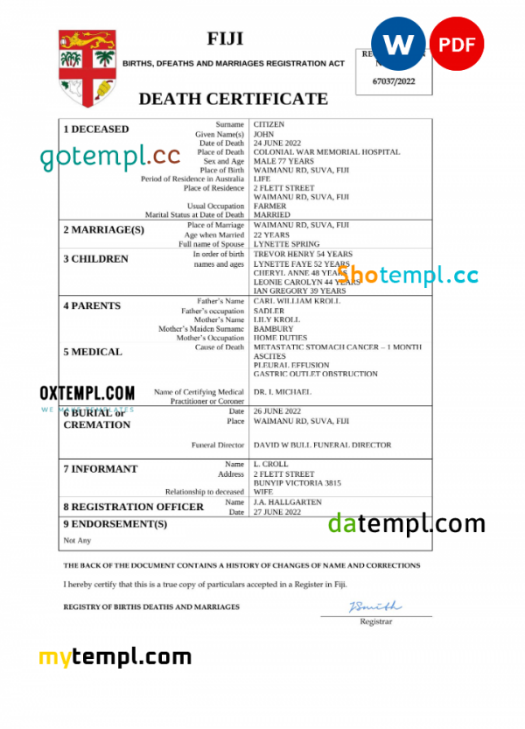 Fiji vital record death certificate Word and PDF template