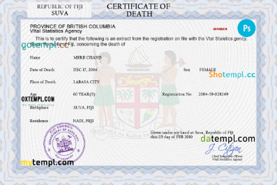 Fiji death certificate PSD template, completely editable