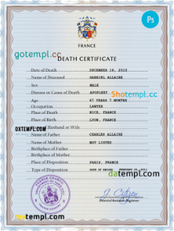 France vital record death certificate PSD template, completely editable