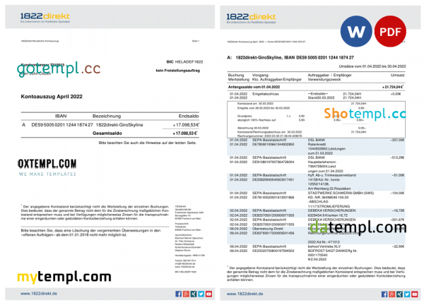 Germany 1822direkt bank statement, Word and PDF template