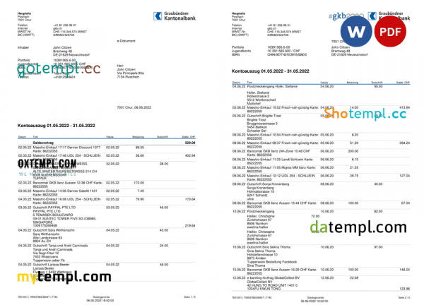 Germany Graubundner Kantonalbank bank statement, Word and PDF template, 4 pages