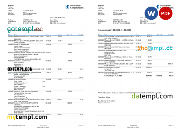 Germany Graubundner Kantonalbank bank statement, Word and PDF template, 4 pages