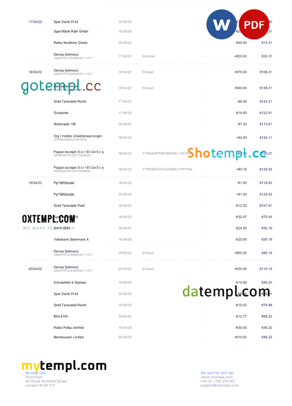 Germany Monese bank statement, Word and PDF template, 3 pages