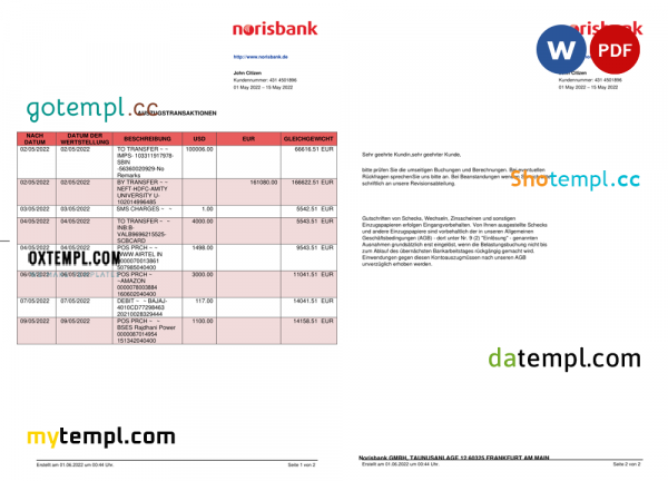 Germany Norisbank bank statement, Word and PDF template, 2 pages