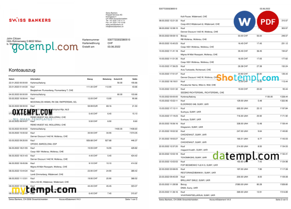 Germany Swiss Bank statement template in Word and PDF format in German language, 5 pages