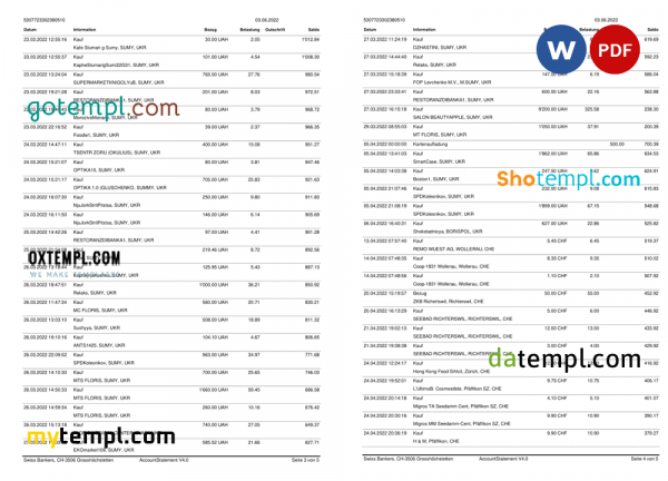 Germany Swiss Bank statement template in Word and PDF format in German language, 5 pages