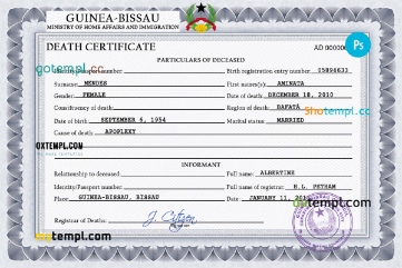 Guinea-Bissau vital record death certificate PSD template, completely editable