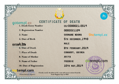 Guinea death certificate PSD template, completely editable