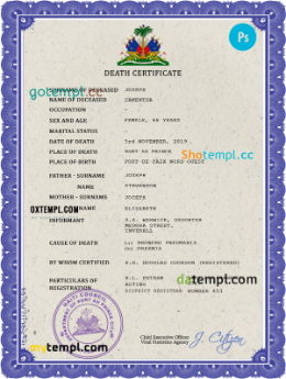 Haiti death certificate PSD template, completely editable