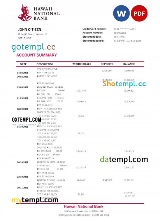 Hawaii Hawaii National Bank statement Word and PDF template