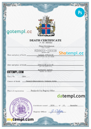 Iceland vital record death certificate PSD template, completely editable