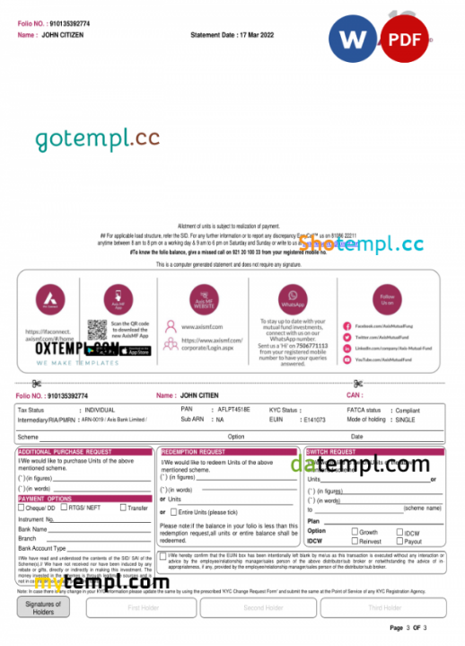 India Axis bank statement, Word and PDF template, 3 pages