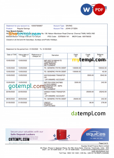 India Equitas bank statement Word and PDF template, 3 pages