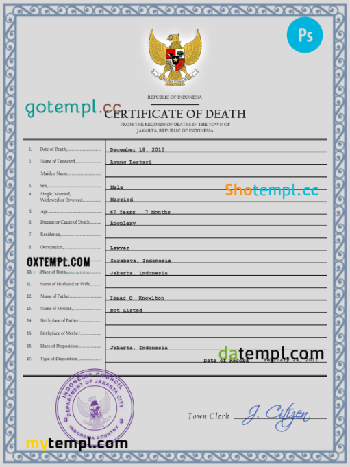 Indonesia vital record death certificate PSD template, fully editable