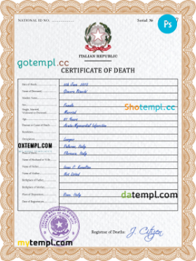 Italy vital record death certificate PSD template, fully editable