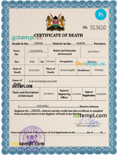 Kenya vital record death certificate PSD template, fully editable