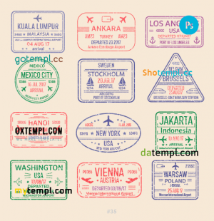 free Australia Estonia Finland travel stamp collection template of 18 PSD designs, with fonts