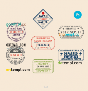 free Bristol Paris Berlin travel stamp collection template of 14 PSD designs, with fonts