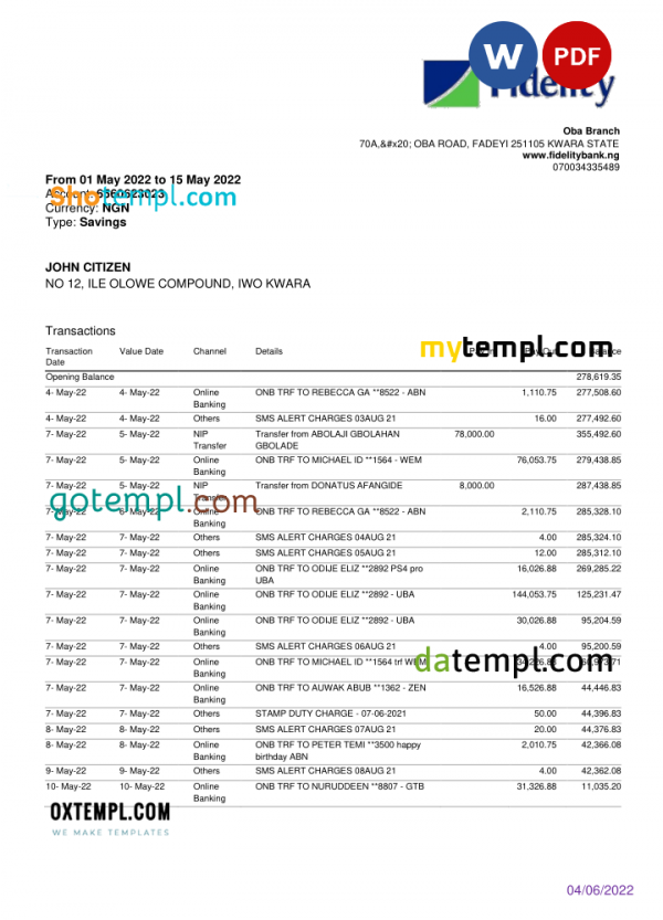 Nigeria Fidelity bank statement, Word and PDF template