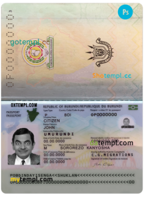 Burundi passport PSD template, completely editable (2019 – present)