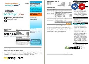 United Kingdom Sainsbury’s Energy (British Gas) bill, Word and PDF template, 3 pages