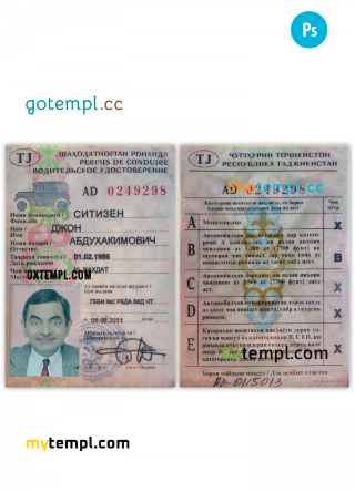 Tajikistan driving license PSD template, fully editable