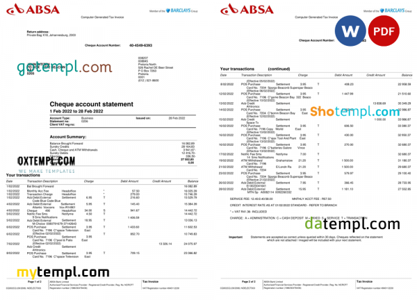 United Kingdom Absa bank statement, Word and PDF template, 2 pages