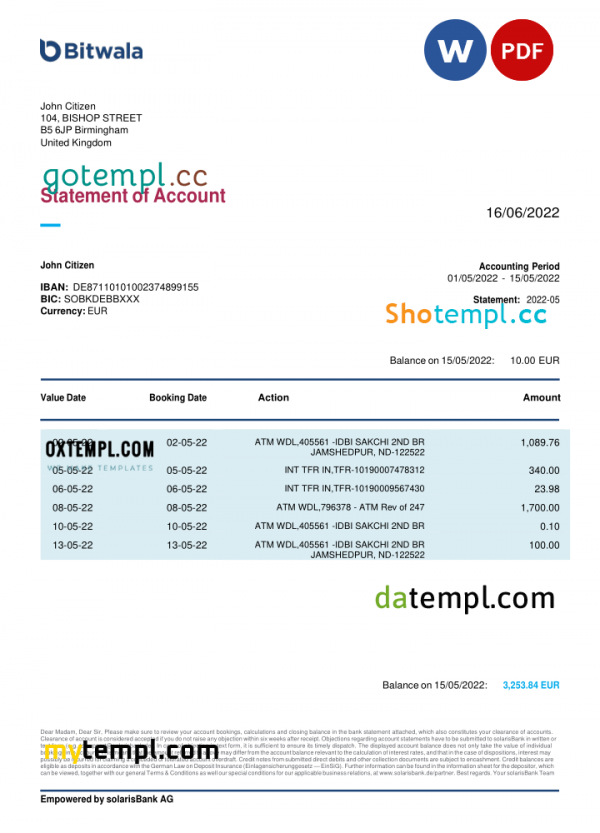 United Kingdom Bitwala bank statement, Word and PDF template