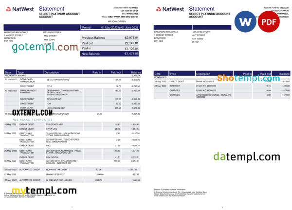 United Kingdom NatWest bank statement, Word and PDF template, 2 pages, version 2