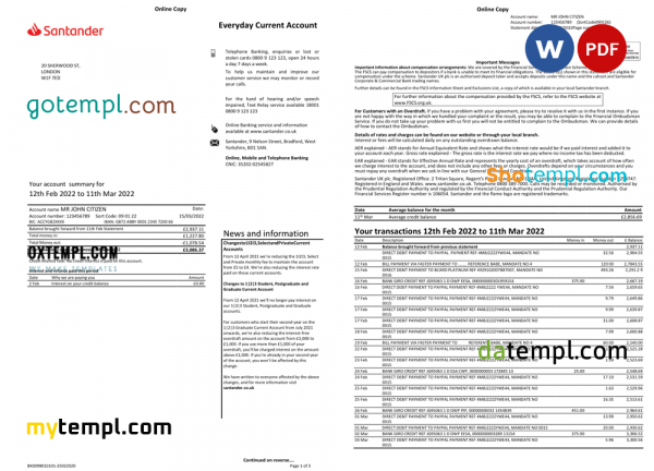 United Kingdom Santander bank statement Word and PDF template, 3 pages, version 2