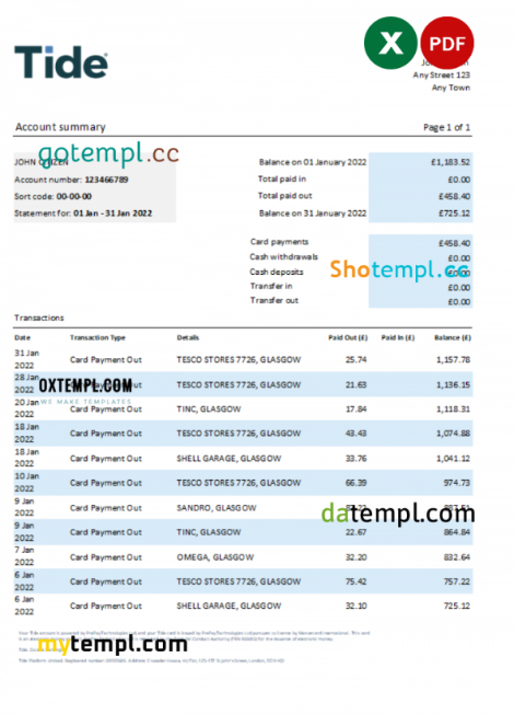 United Kingdom Tide bank statement, Excel and PDF template