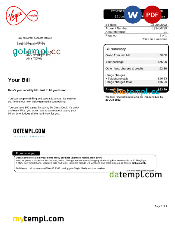 United Kingdom Virgin Media utility bill, Word and PDF template