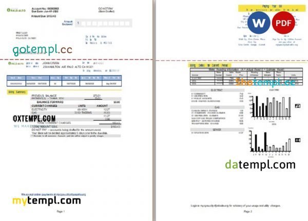 USA California Palo Alto utility bill, Word and PDF template, 2 pages