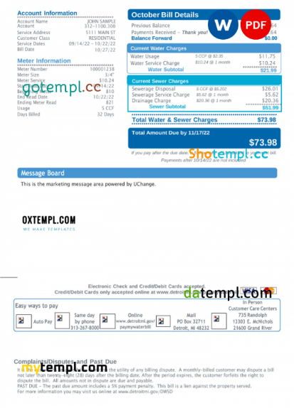 USA Michigan Water and Sewerage Department utility bill, Word and PDF template, 2 pages