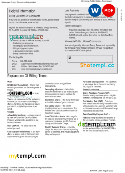 USA Minnesota Energy utility bill, Word and PDF template, 2 pages