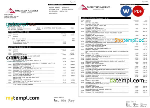 USA Mountain America Credit Union bank statement, Word and PDF template, 6 pages