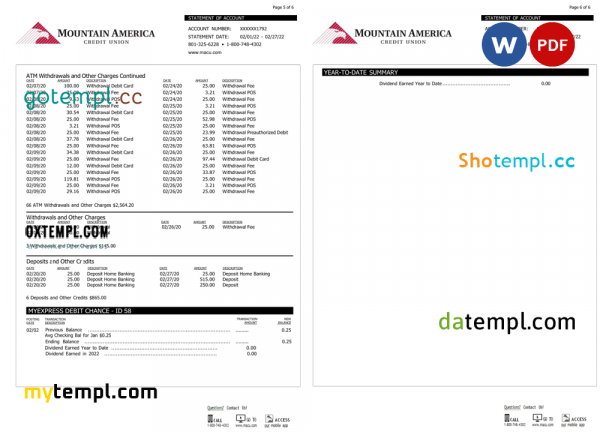 USA Mountain America Credit Union bank statement, Word and PDF template, 6 pages